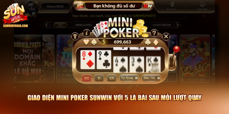 Giao diện mini poker SUNWIN với 5 lá bài sau mỗi lượt quay