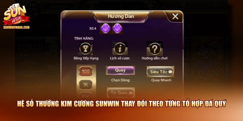Hệ số thưởng kim cương SUNWIN thay đổi theo từng tổ hợp đá quý 